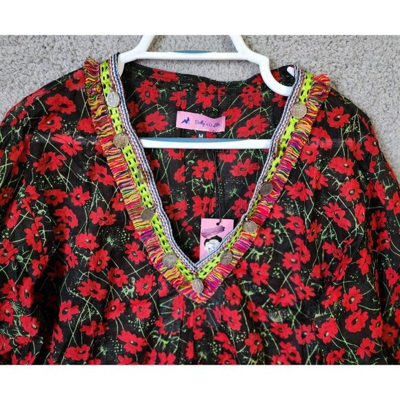 NEW Dolly's D-Lite Custom Long Sleeve V Neck Micro Mini Dress Floral Fringe Sz M - Picture 3 of 16
